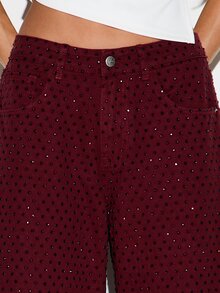 KIZN Burgundy Wide Leg Jeans With Allover Rhinestone And Polka Dot Embellishment Full Length Mid Rise Sparkle Denim Pants Holiday Party - Burgundy - View 4