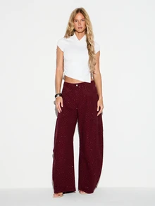 KIZN Burgundy Wide Leg Jeans With Allover Rhinestone And Polka Dot Embellishment Full Length Mid Rise Sparkle Denim Pants Holiday Party - Burgundy - View 5