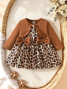 SHEIN Playful Pals 3pcs Toddler Girl Cardigan + Dress Cute Sweet Brown Leopard Bow Ruffle Ribbed Knit Long Sleeve Round Neck Regular Birthday Autumn Halloween Fall Chic - Multicolor - View 2