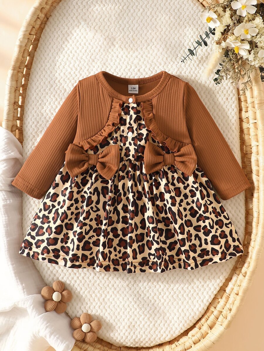 SHEIN Playful Pals 3pcs Toddler Girl Cardigan + Dress Cute Sweet Brown Leopard Bow Ruffle Ribbed Knit Long Sleeve Round Neck Regular Birthday Autumn Halloween Fall Chic