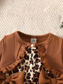 SHEIN Playful Pals 3pcs Toddler Girl Cardigan + Dress Cute Sweet Brown Leopard Bow Ruffle Ribbed Knit Long Sleeve Round Neck Regular Birthday Autumn Halloween Fall Chic - Multicolor - View 5