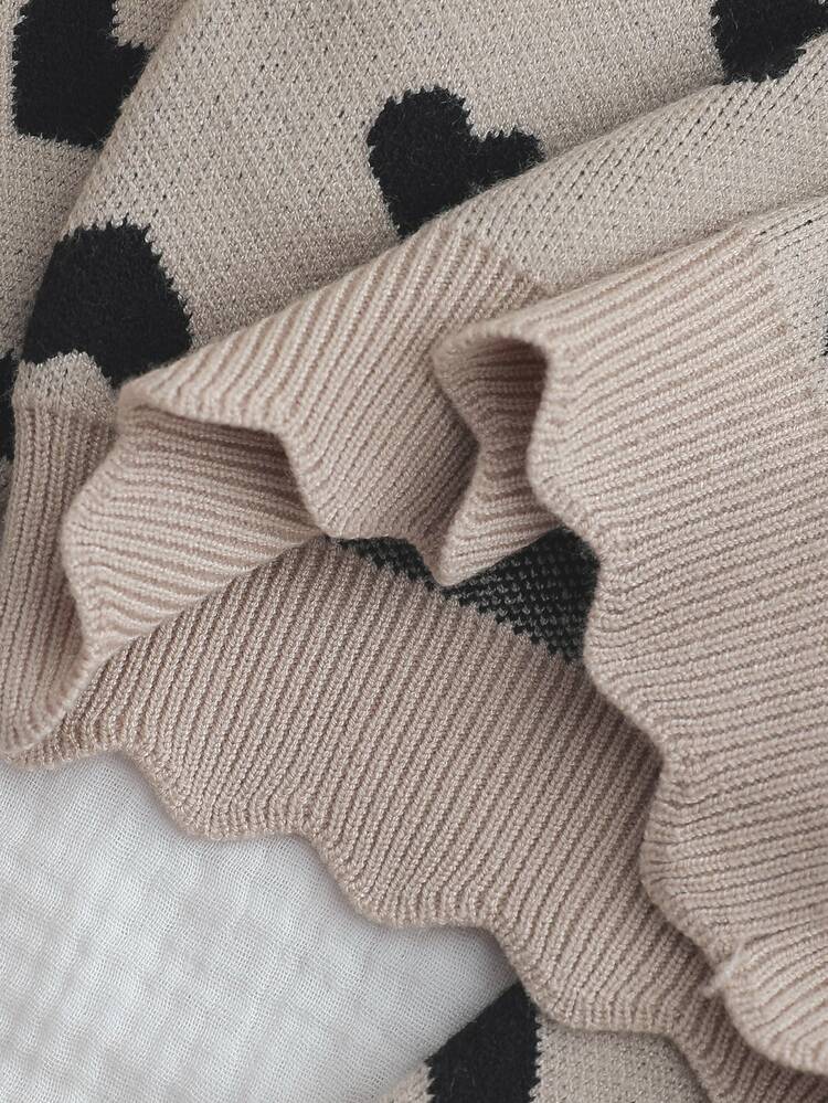 SHEIN Baby Girl Autumn/Winter Fashion Casual Cute Heart Pattern Jacquard Knit Crew Neck Pullover Sweater Long Sleeve Top And Wide Leg Pants 2-Piece Set, Suitable For Spring/Autumn/Winter, Pairs With Cotton Padded Jacket - Apricot - View 8