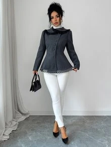 Elenzga Women's Lace Trim High Neck Asymmetric Button Ruffle Hem Woolen Cloth Overcoat, Petal Sleeve Slim Fit Short Jacket Office Dinner Autumn Elegant - Grey - View 7