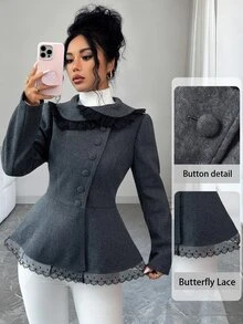Elenzga Women's Lace Trim High Neck Asymmetric Button Ruffle Hem Woolen Cloth Overcoat, Petal Sleeve Slim Fit Short Jacket Office Dinner Autumn Elegant - Grey - View 1