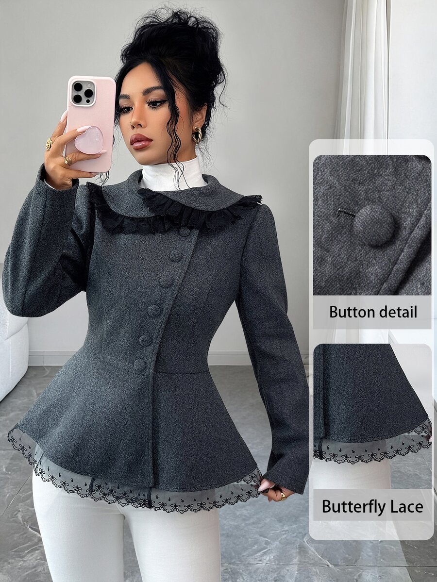 Elenzga Women's Lace Trim High Neck Asymmetric Button Ruffle Hem Woolen Cloth Overcoat, Petal Sleeve Slim Fit Short Jacket Office Dinner Autumn Elegant - Grey - View 1
