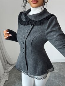 Elenzga Women's Lace Trim High Neck Asymmetric Button Ruffle Hem Woolen Cloth Overcoat, Petal Sleeve Slim Fit Short Jacket Office Dinner Autumn Elegant - Grey - View 5