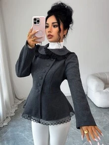 Elenzga Women's Lace Trim High Neck Asymmetric Button Ruffle Hem Woolen Cloth Overcoat, Petal Sleeve Slim Fit Short Jacket Office Dinner Autumn Elegant - Grey - View 4