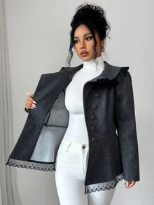 Elenzga Women's Lace Trim High Neck Asymmetric Button Ruffle Hem Woolen Cloth Overcoat, Petal Sleeve Slim Fit Short Jacket Office Dinner Autumn Elegant - Grey - View 3