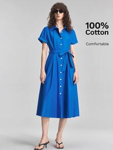 Ontre Summer Cobalt Blue Short Sleeve Shirt Dress Buckle Belt, Women's Elegant French Casual Office Brunch - Blue - View 6