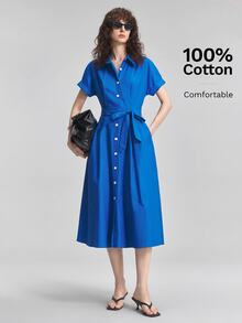 Ontre Summer Cobalt Blue Short Sleeve Shirt Dress Buckle Belt, Women's Elegant French Casual Office Brunch - Blue - View 7