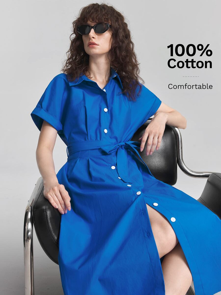 Ontre Summer Cobalt Blue Short Sleeve Shirt Dress Buckle Belt, Women's Elegant French Casual Office Brunch - Blue - View 1