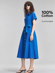 Ontre Summer Cobalt Blue Short Sleeve Shirt Dress Buckle Belt, Women's Elegant French Casual Office Brunch - Blue - View 3