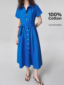 Ontre Summer Cobalt Blue Short Sleeve Shirt Dress Buckle Belt, Women's Elegant French Casual Office Brunch - Blue - View 4