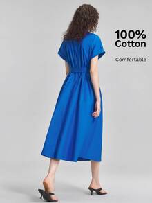 Ontre Summer Cobalt Blue Short Sleeve Shirt Dress Buckle Belt, Women's Elegant French Casual Office Brunch - Blue - View 2