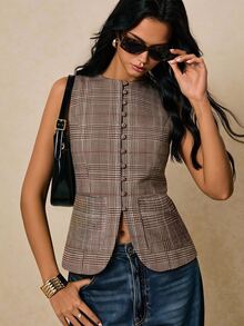 Poéselle Women's Sleeveless Plaid Button Up Blouse For Women – Vintage Fitted Vest Top, Chic Office Shirt Winter Coat Casual Blouses Brown Tops Fall/Winter - Brown - View 1