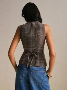 Poéselle Women's Sleeveless Plaid Button Up Blouse For Women – Vintage Fitted Vest Top, Chic Office Shirt Winter Coat Casual Blouses Brown Tops Fall/Winter - Brown - View 7