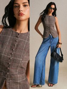 Poéselle Women's Sleeveless Plaid Button Up Blouse For Women – Vintage Fitted Vest Top, Chic Office Shirt Winter Coat Casual Blouses Brown Tops Fall/Winter - Brown - View 8