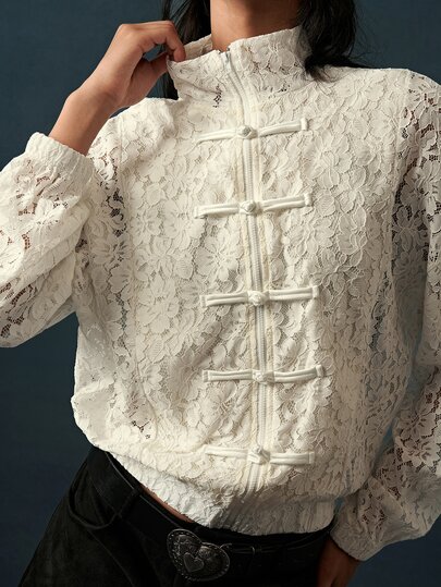 Bohemela Women's Autumn Everyday Casual Jacket With Lace Paneling, Stand Collar, Drop Shoulders, Loose Fit, And Retro Streetwear Style.Zip Up/White/ Halloween
