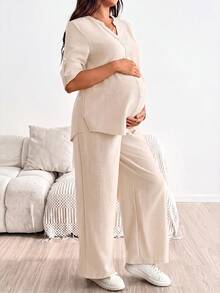 SHEIN 孕婦純色捲袖鈕扣設計襯衫與可調腰圍長褲 2件套 秋季 - 杏色 - 查看 3