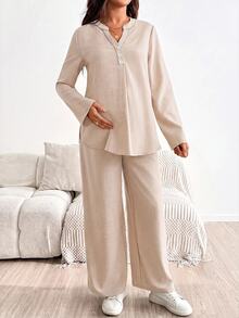 SHEIN 孕婦純色捲袖鈕扣設計襯衫與可調腰圍長褲 2件套 秋季 - 杏色 - 查看 6