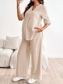 SHEIN 孕婦純色捲袖鈕扣設計襯衫與可調腰圍長褲 2件套 秋季 - 杏色 - 查看 5