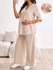 SHEIN 孕婦純色捲袖鈕扣設計襯衫與可調腰圍長褲 2件套 秋季 - 杏色 - 查看 2