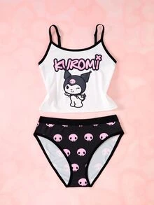 HELLO KITTY AND FRIENDS | SHEIN طقم ملابس داخلية نسائي كاميسول وسروال داخلي مثلث بطبعة كرتونية - أبيض وأسود - مشاهدة 8
