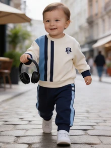 2件組嬰兒/幼兒NY Logo印花抓絨運動衫與運動褲套裝，皇家藍對比條紋休閒時尚經典印花抓絨圓領運動衫與運動褲，適合運動、戶外、休閒，秋冬季節 - 彩色 - 查看 1