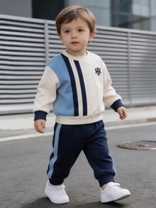 2件組嬰兒/幼兒NY Logo印花抓絨運動衫與運動褲套裝，皇家藍對比條紋休閒時尚經典印花抓絨圓領運動衫與運動褲，適合運動、戶外、休閒，秋冬季節 - 彩色 - 查看 4