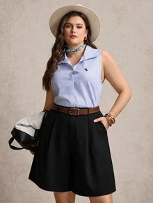 SHEIN LUNE 休閒大尺碼女款純色百褶設計中長褲 - 黑色 - 查看 7