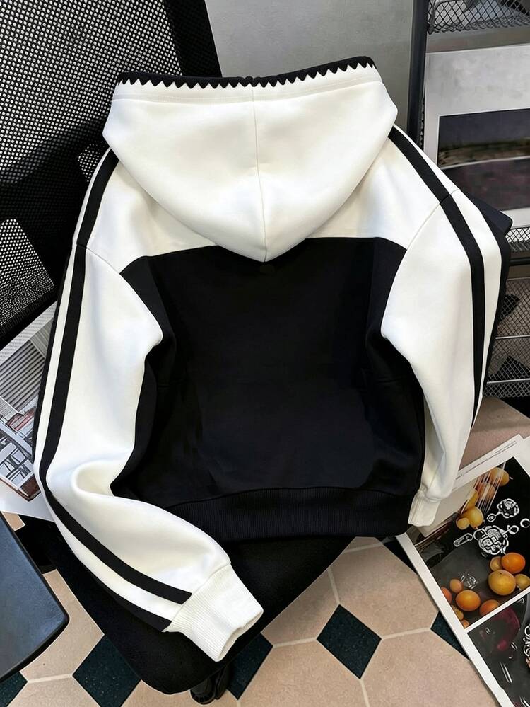Resyla Women's Sweatshirt, Autumn Outdoor Top, Black And White Color Block, Minimalist Icon Print Pattern, Ribbed Hood, Pocket Embroidery Craft, Casual Versatile, Daily Wear - Multicolor - View 2