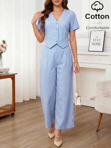 Editum Women's Striped Short Sleeve Single-Breasted Shirt And Pants Casual 2 Pieces Set - Baby Blue - View 6