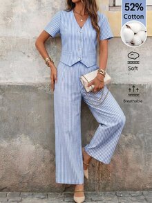 Editum Women's Striped Short Sleeve Single-Breasted Shirt And Pants Casual 2 Pieces Set - Baby Blue - View 3