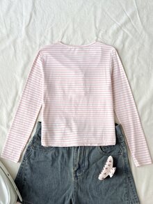 SHEIN 青少年女孩條紋休閒百搭日常長袖T恤 - 棕色 - 查看 2