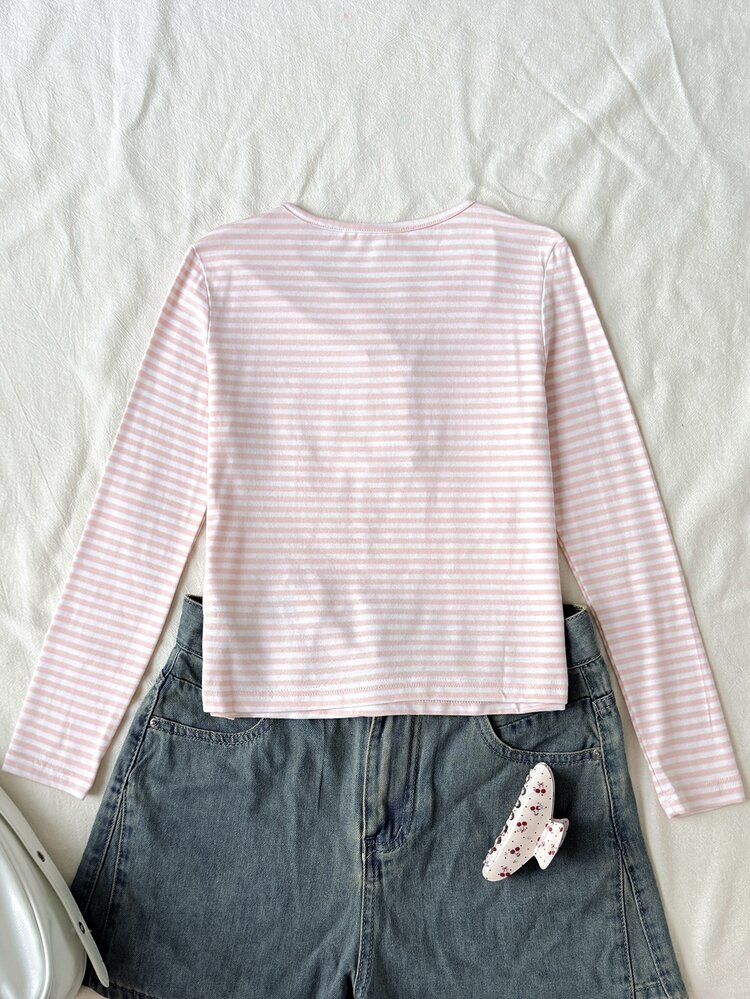 SHEIN Tween Girl Striped Casual Versatile Everyday Long Sleeve T-Shirt - Brown - View 2