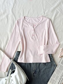 SHEIN 青少年女孩條紋休閒百搭日常長袖T恤 - 棕色 - 查看 3