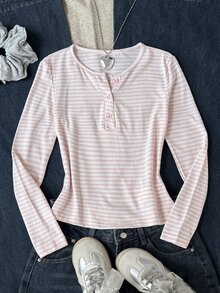 SHEIN 青少年女孩條紋休閒百搭日常長袖T恤 - 棕色 - 查看 4