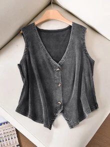 Story & Sage Casual Vacation Women's Fitted Vest, Spring/Summer Snowflake Pattern Button-Up Tank Top, Black - Dark Grey - View 3