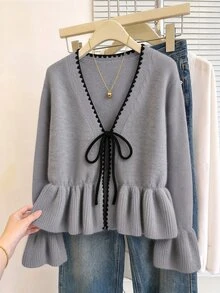 GlowEve CURVE Plus Size Casual Fairy Cute Color Block Trim Tie Bow Ruffle Hem Flare Sleeve Knit Cardigan Elegant Sweater For Autumn Winter Dates Fashion Week Gray - Grey - View 5