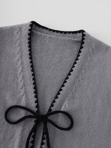GlowEve CURVE Plus Size Casual Fairy Cute Color Block Trim Tie Bow Ruffle Hem Flare Sleeve Knit Cardigan Elegant Sweater For Autumn Winter Dates Fashion Week Gray - Grey - View 6