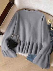 GlowEve CURVE Plus Size Casual Fairy Cute Color Block Trim Tie Bow Ruffle Hem Flare Sleeve Knit Cardigan Elegant Sweater For Autumn Winter Dates Fashion Week Gray - Grey - View 4
