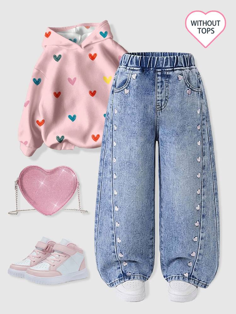 SHEIN Young Girls' Y2k Chic Kids Pink Heart Embroidered Blue Denim Baggy Pants,Fall/Winter,For Young Girl Girls School Clothes, Outfits,Toddler Jeans - Light Wash - View 3