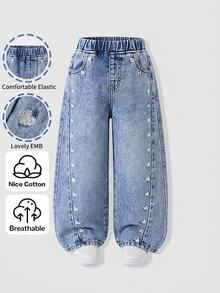 SHEIN 女童 Y2K 時尚粉色愛心刺繡藍色丹寧寬鬆長褲，秋冬款，適合小女孩校園穿搭服飾，幼兒牛仔褲 - 淺色水洗藍 - 查看 4