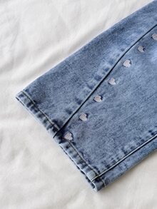 SHEIN 女童 Y2K 時尚粉色愛心刺繡藍色丹寧寬鬆長褲，秋冬款，適合小女孩校園穿搭服飾，幼兒牛仔褲 - 淺色水洗藍 - 查看 7