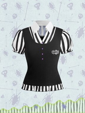 Beetlejuice X ROMWE تي شيرت نسائي 2 في 1 مخطط بألوان متباينة وتصميم رقع