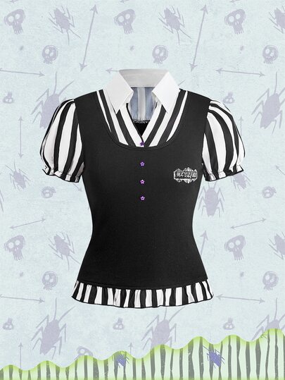 Beetlejuice X ROMWE Camiseta de mujer 2 en 1 a rayas con bloques de color y patchwork