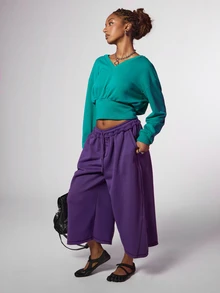 COUREZ Low Rise Baggy Cropped Sweatpants , Y2K Fall For Women Grey Casual Autumn Rave Club Comfy Pants For Women - Purple - View 2