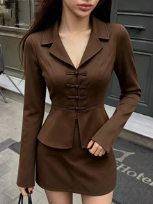 SHEIN PariChic Women's Minimalist French Style Frog Button Design Long Sleeve Top And Skirt 2-Piece Set - Coffee Brown - View 2