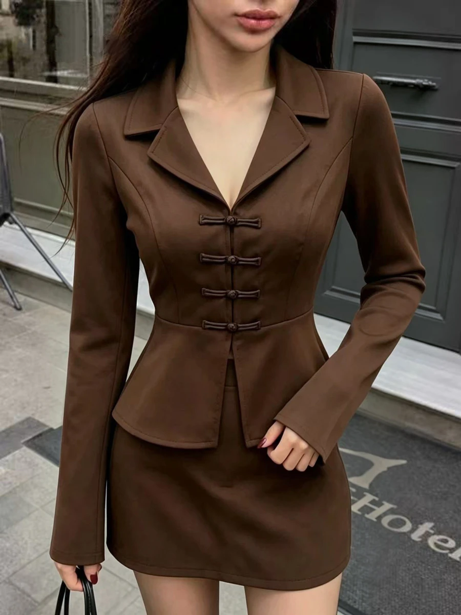 SHEIN PariChic Women's Minimalist French Style Frog Button Design Long Sleeve Top And Skirt 2-Piece Set