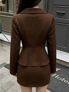 SHEIN PariChic Women's Minimalist French Style Frog Button Design Long Sleeve Top And Skirt 2-Piece Set - Coffee Brown - View 3